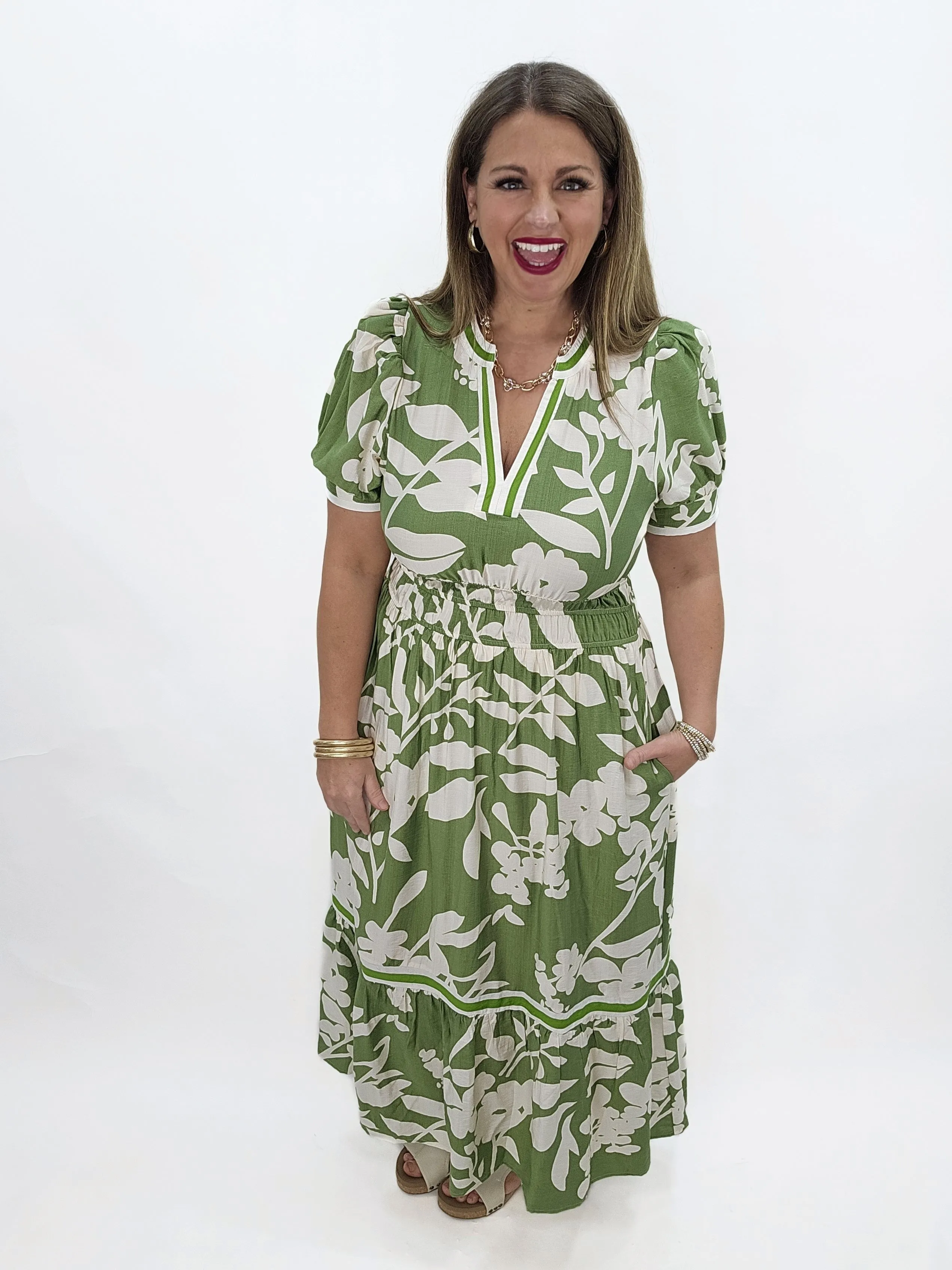 GREEN/CREAM FLORAL V NECK ELASTIC WASITBAND DRESS