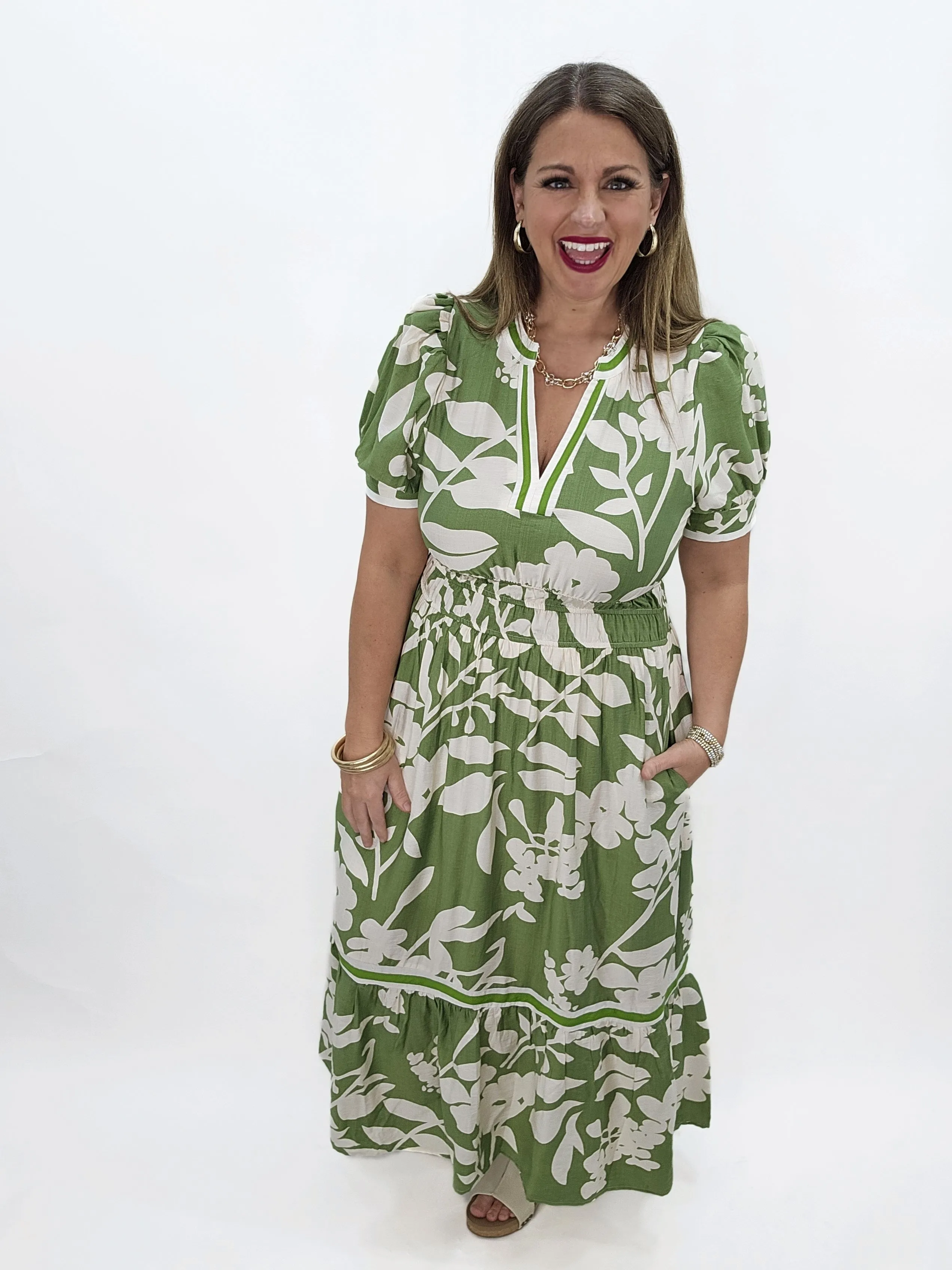 GREEN/CREAM FLORAL V NECK ELASTIC WASITBAND DRESS