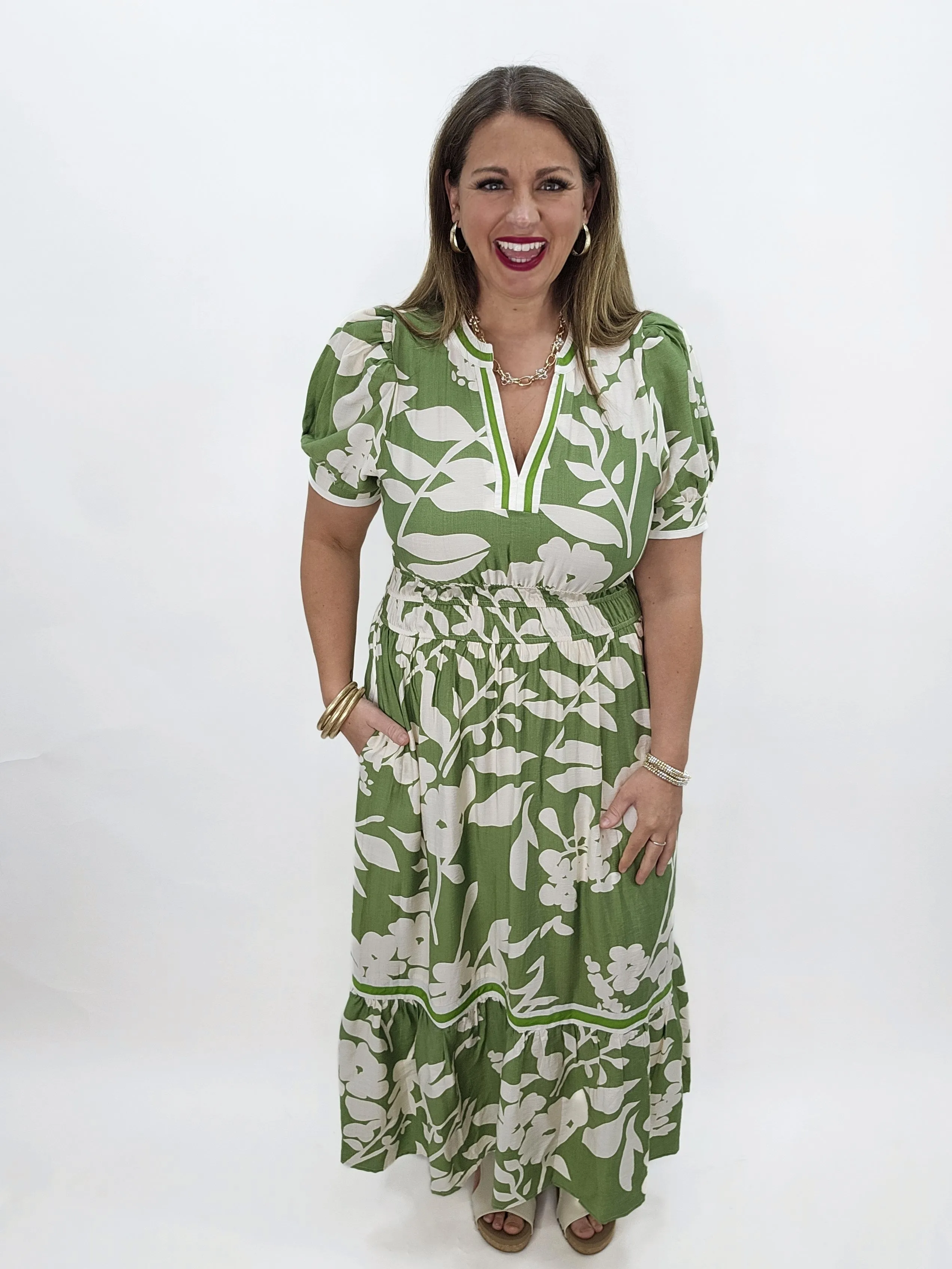 GREEN/CREAM FLORAL V NECK ELASTIC WASITBAND DRESS