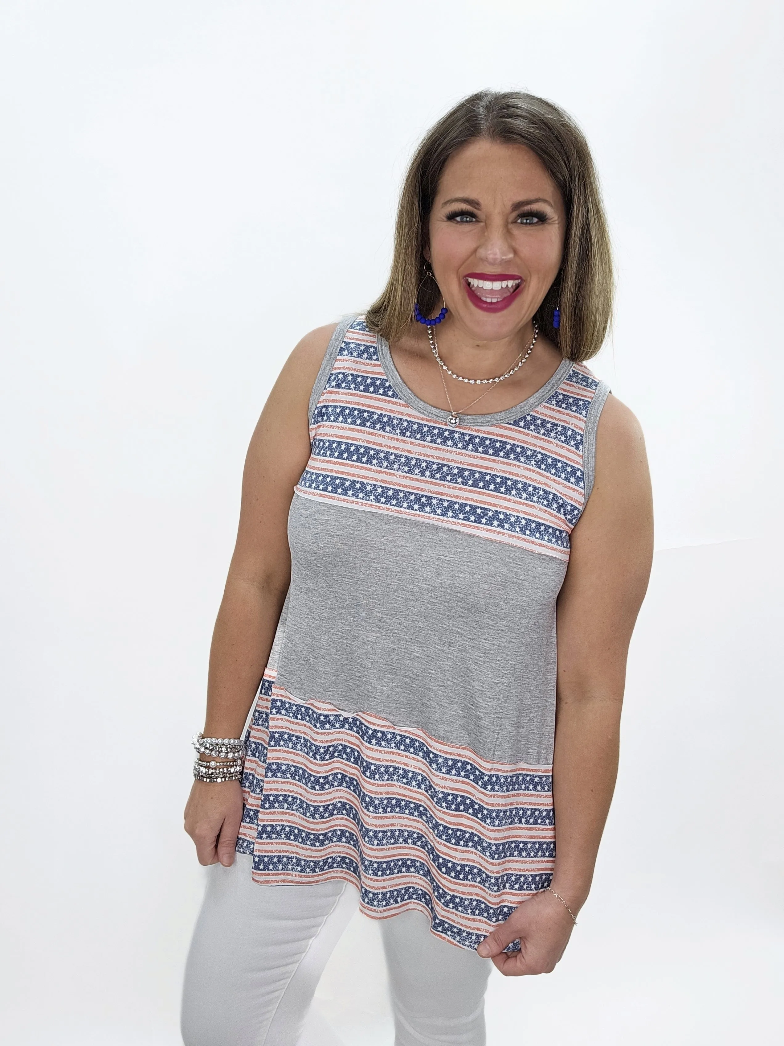 GREY COLORBLOCK STARS AND STRIPED KNIT TANK
