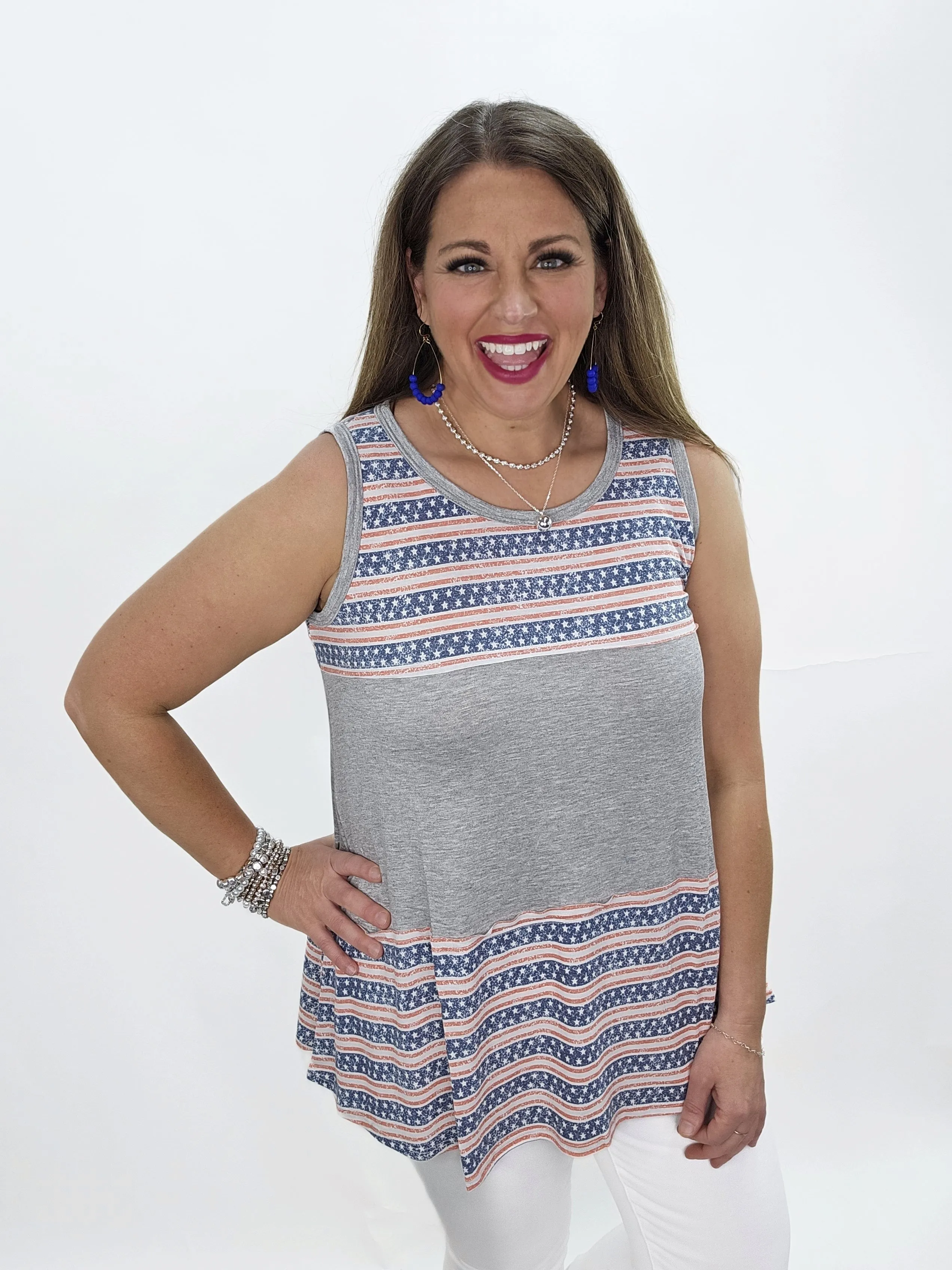 GREY COLORBLOCK STARS AND STRIPED KNIT TANK