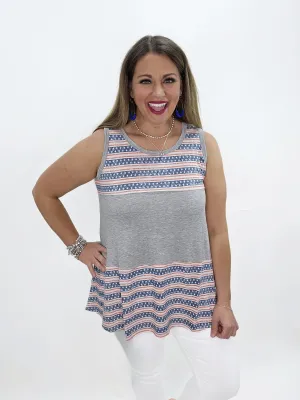 GREY COLORBLOCK STARS AND STRIPED KNIT TANK