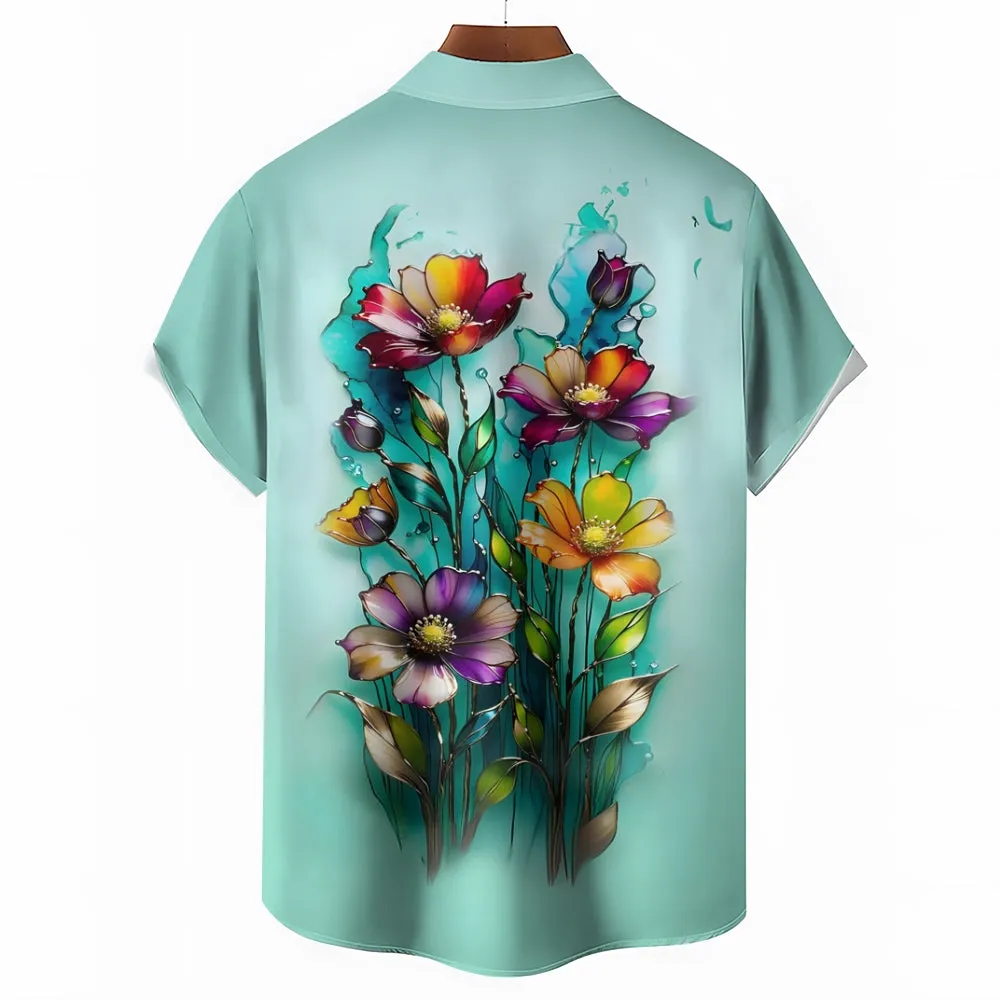 Hawaiian Floral Gradient 3D Print Men's Button Pocket Short Sleeve Shirt 2408000896