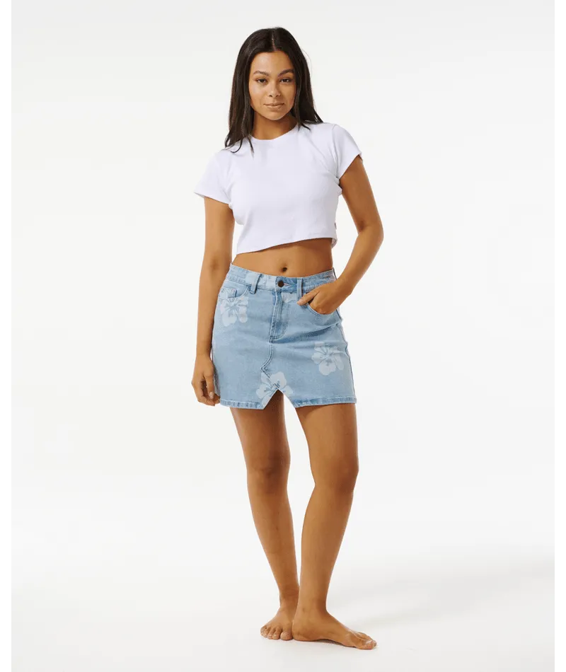HIBISCUS HEAT OVERDYED DENIM SKIRT - LIGHT BLUE