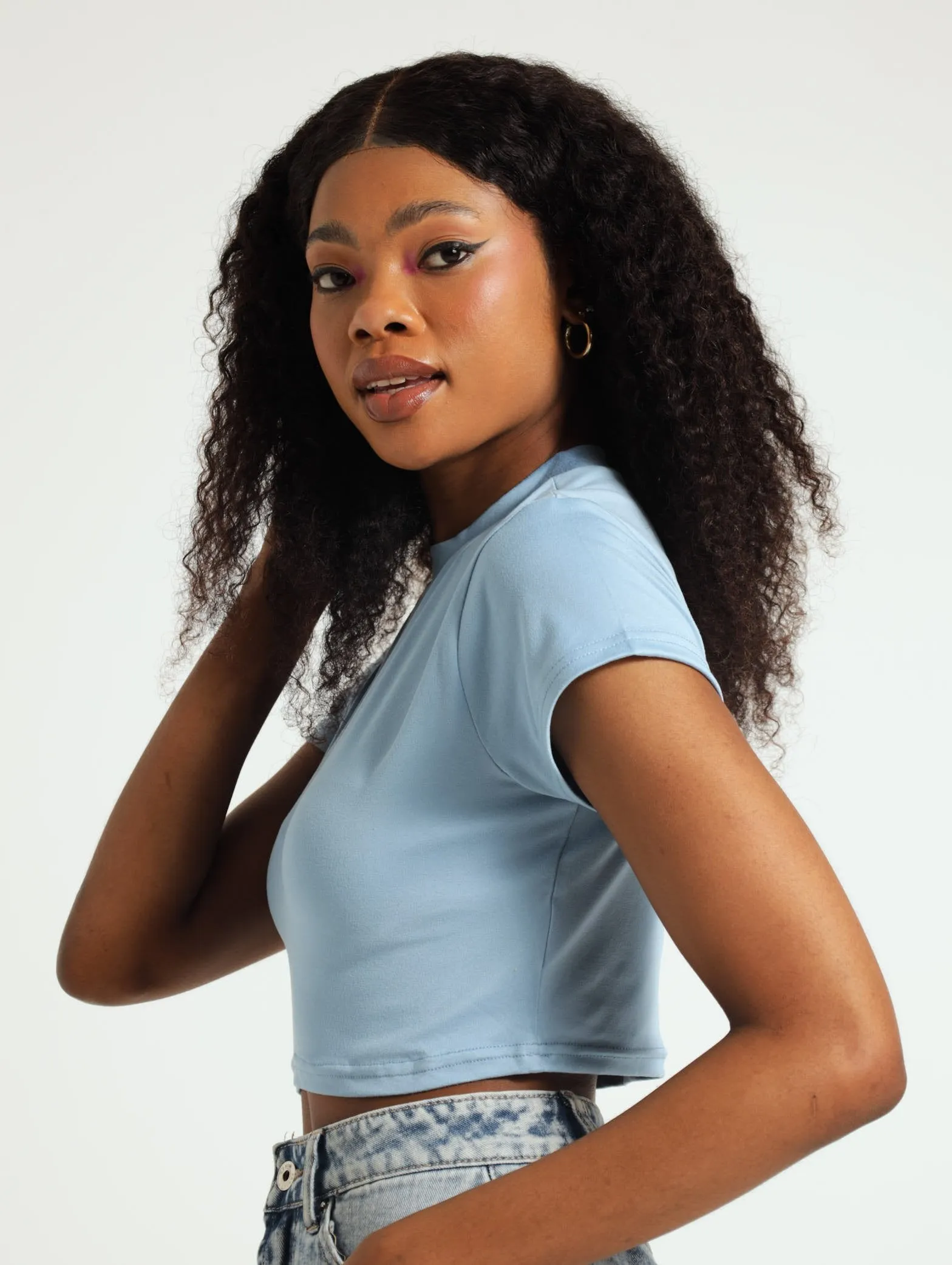 High Neck Crop Tee - Light Blue