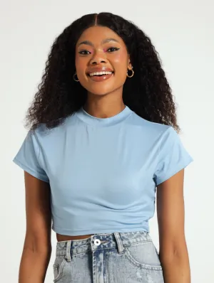 High Neck Crop Tee - Light Blue