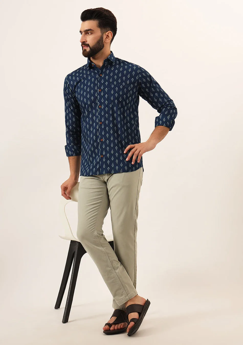 Indigo blue Floral Print Pure Cotton Regular Fit Casual Shirt