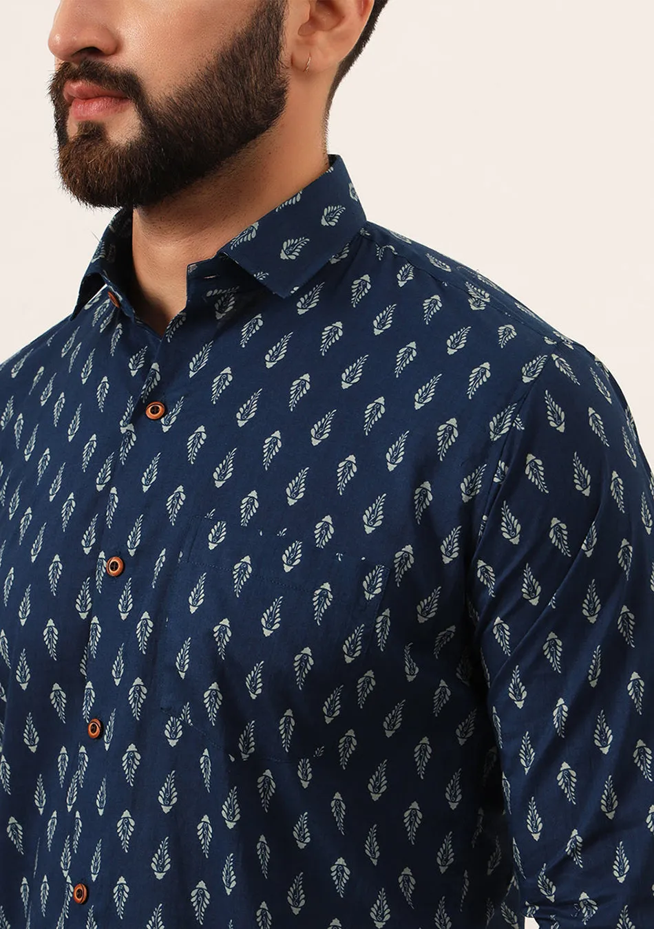 Indigo blue Floral Print Pure Cotton Regular Fit Casual Shirt