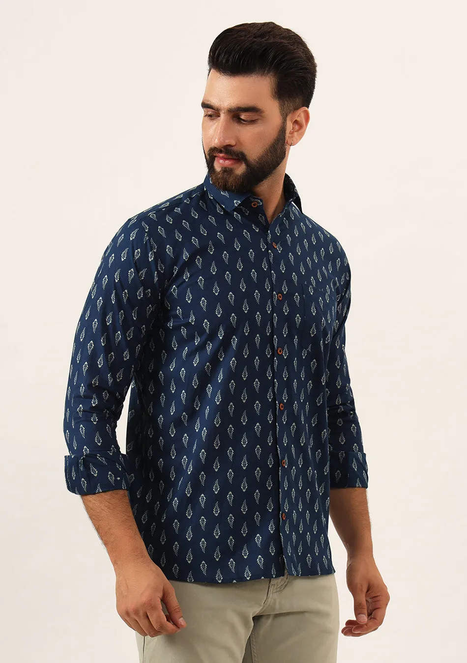 Indigo blue Floral Print Pure Cotton Regular Fit Casual Shirt