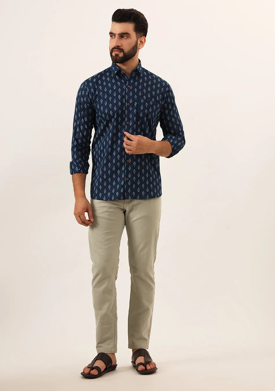 Indigo blue Floral Print Pure Cotton Regular Fit Casual Shirt