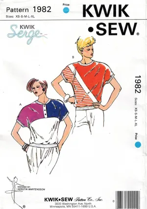 Kwik Sew 1982 Womens Stretch Pullover Colour Block Tops 1990s Vintage Sewing Pattern Size XS - XL UNCUT Factory Folded