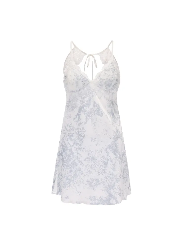 Lace Mini Dress with Floral Print and Open Back