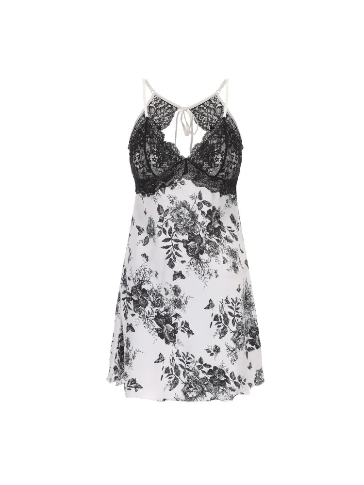 Lace Mini Dress with Floral Print and Open Back