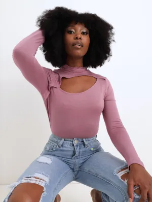 Ladies Long Sleeve Cut Out Tee - Mauve