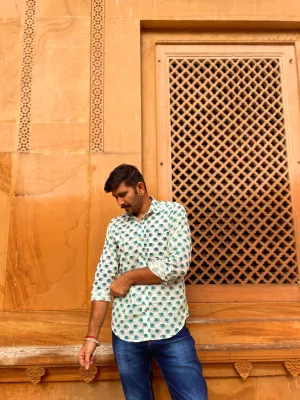 light Blue block printed unisex shirt