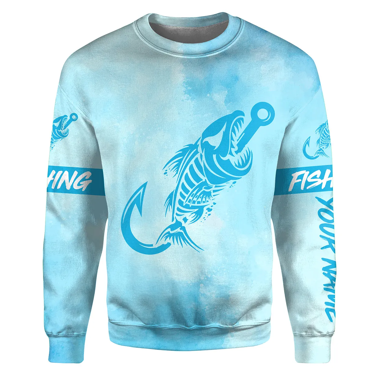 Light Blue Fish hook skull fish reaper skeleton Custom name fishing jerseys | Sweatshirt - NPQ781