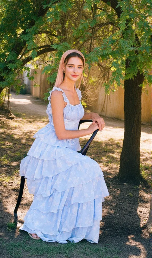 Light blue suspender cake maxi dress