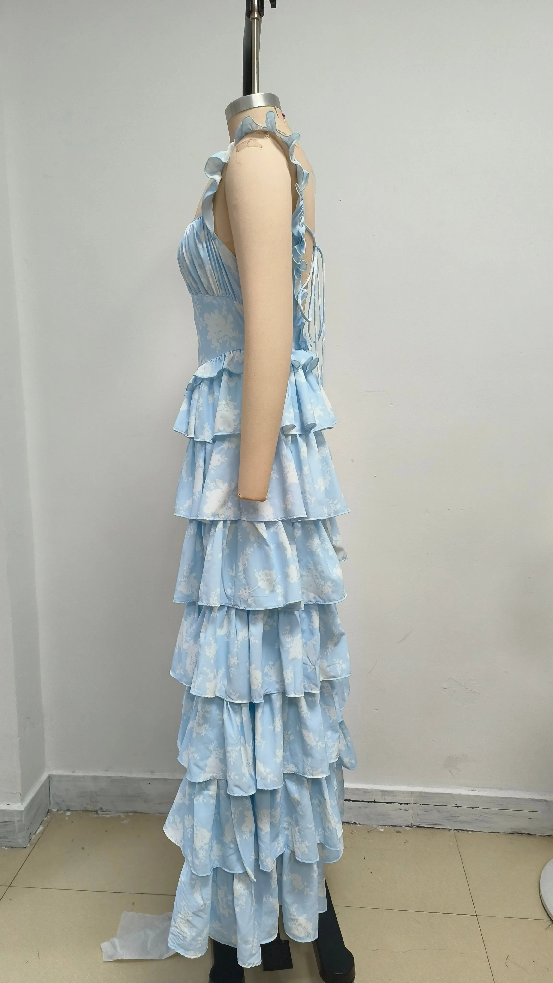 Light blue suspender cake maxi dress