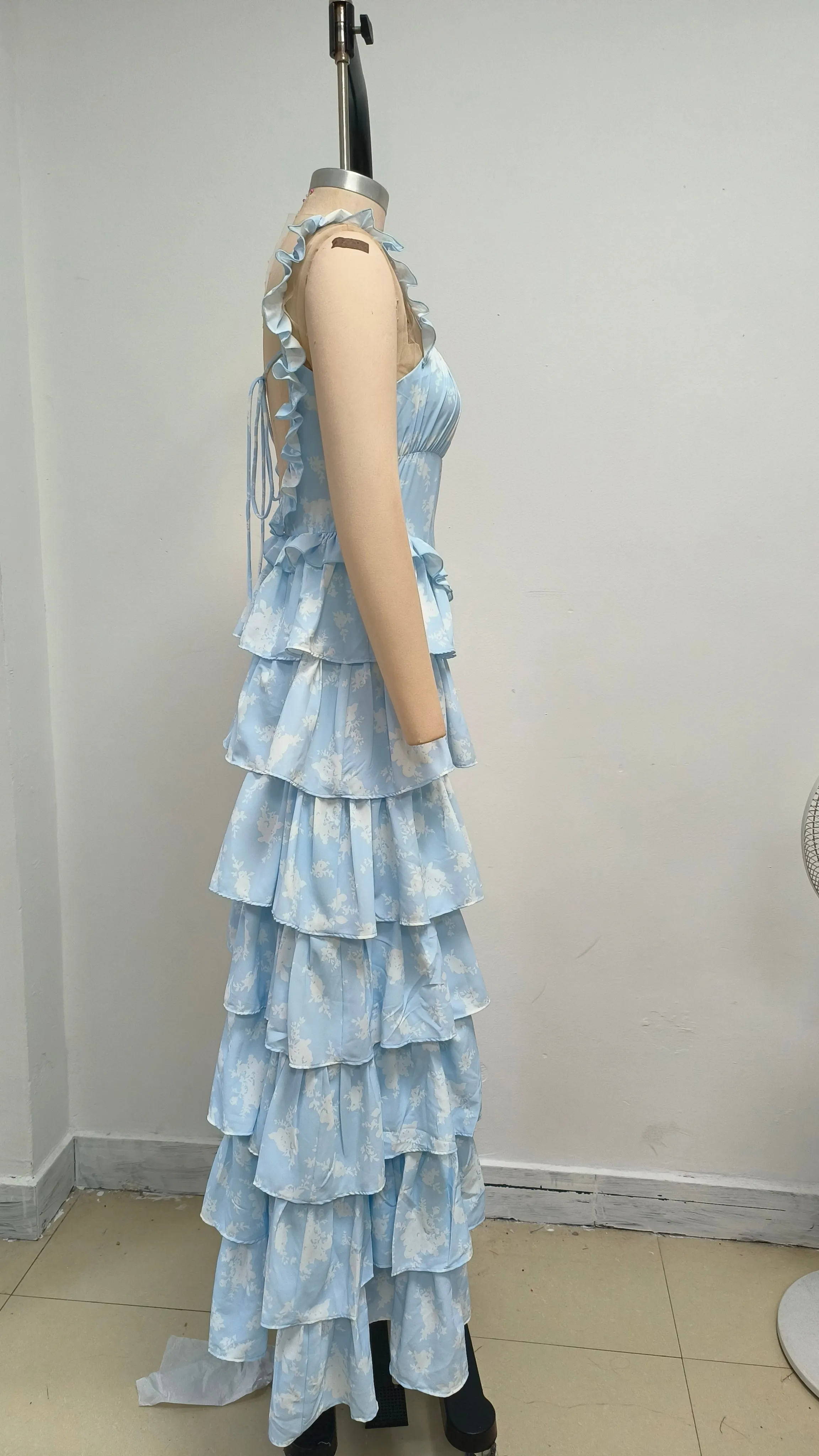 Light blue suspender cake maxi dress