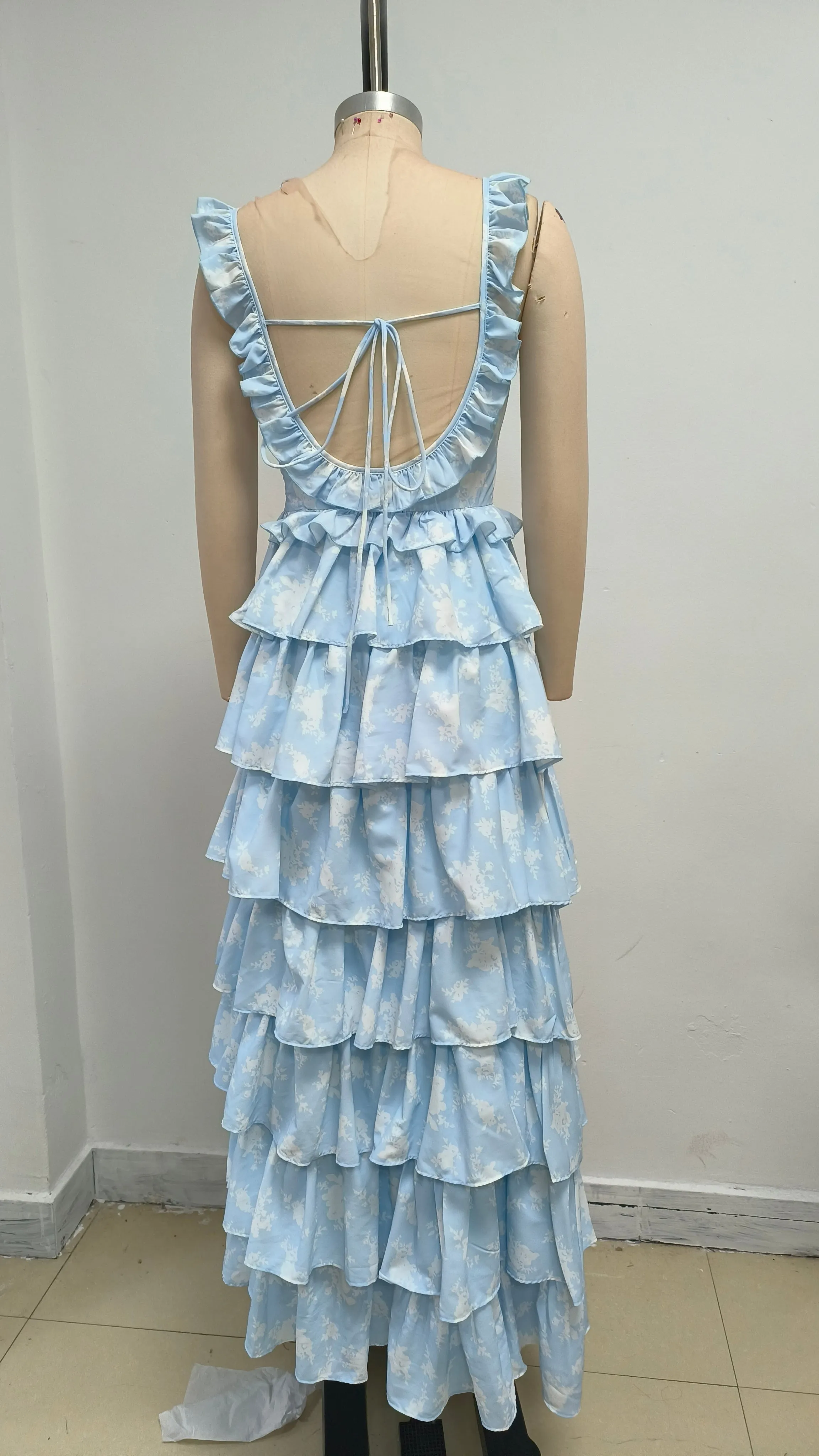 Light blue suspender cake maxi dress