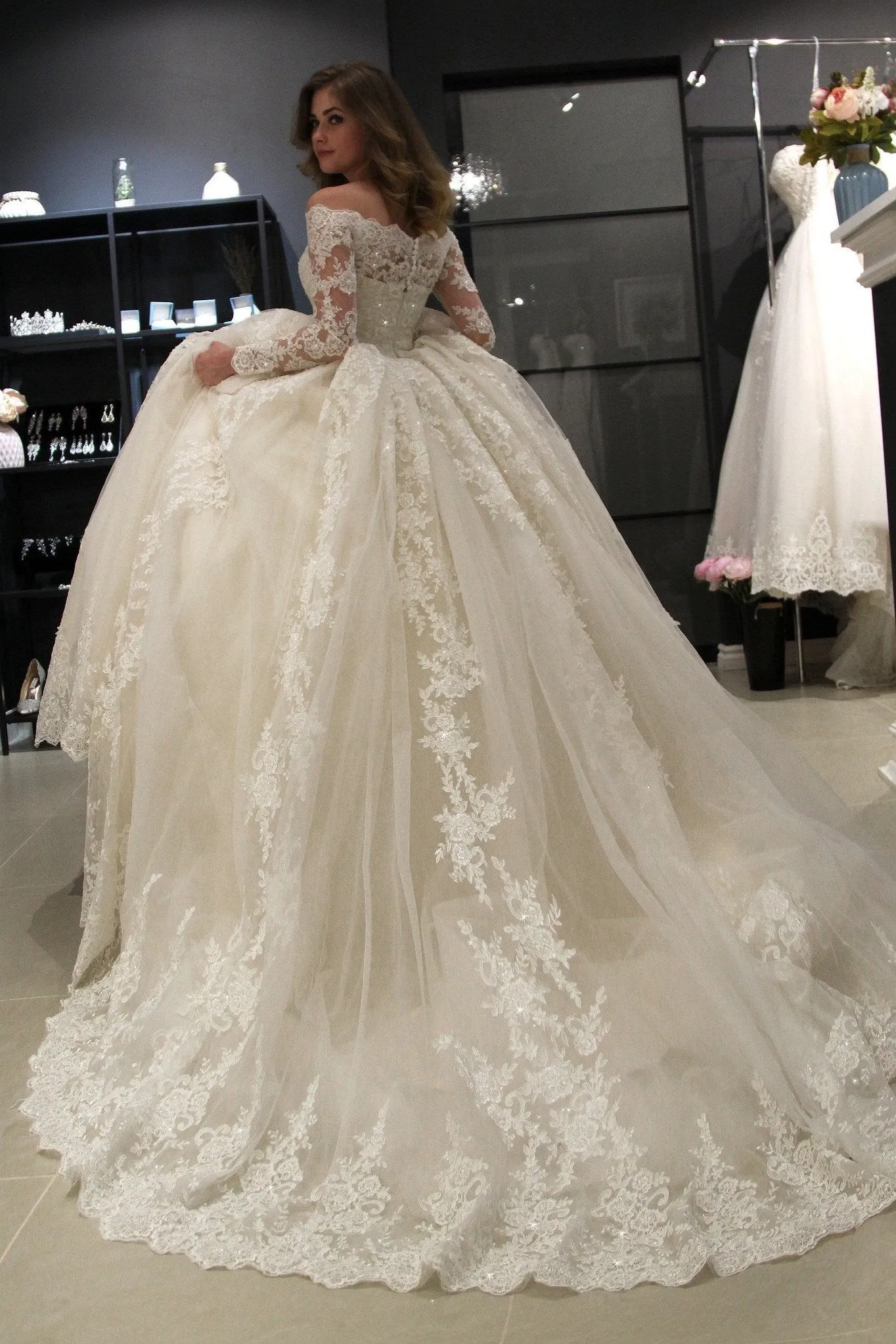 Long Sleeves Lace Wedding Dress Ball Gown Off-the-shoulder