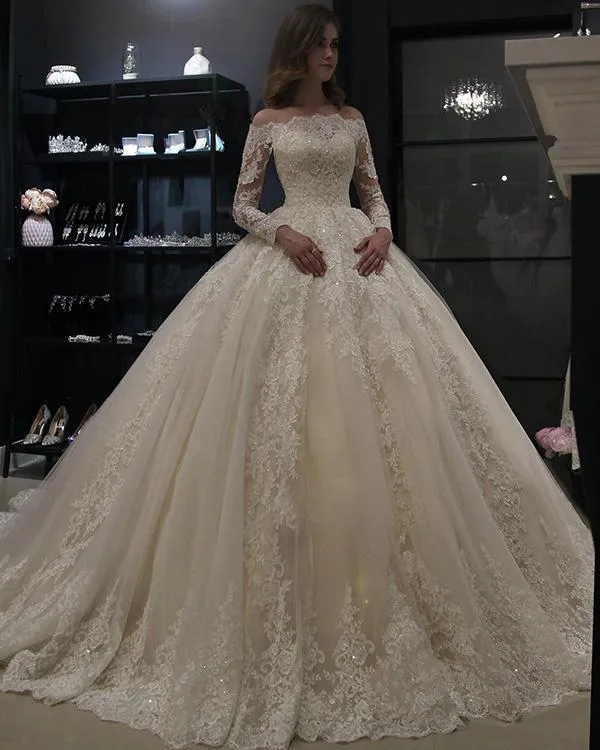 Long Sleeves Lace Wedding Dress Ball Gown Off-the-shoulder
