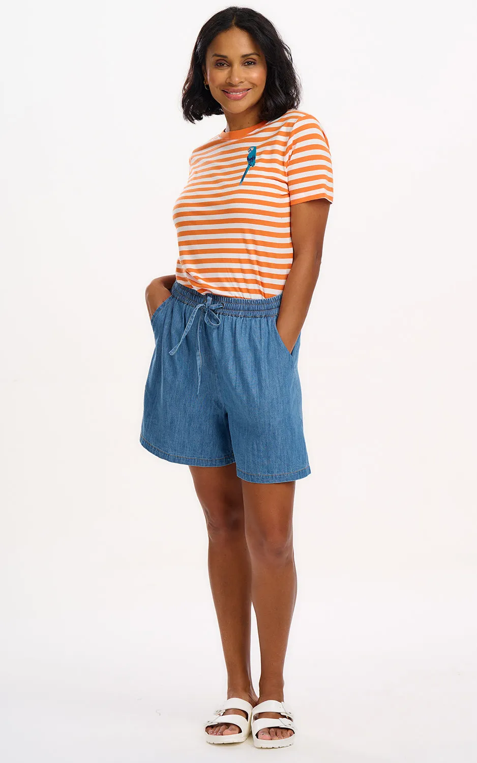 Maggie T-shirt Off-White Orange Stripy Parrot