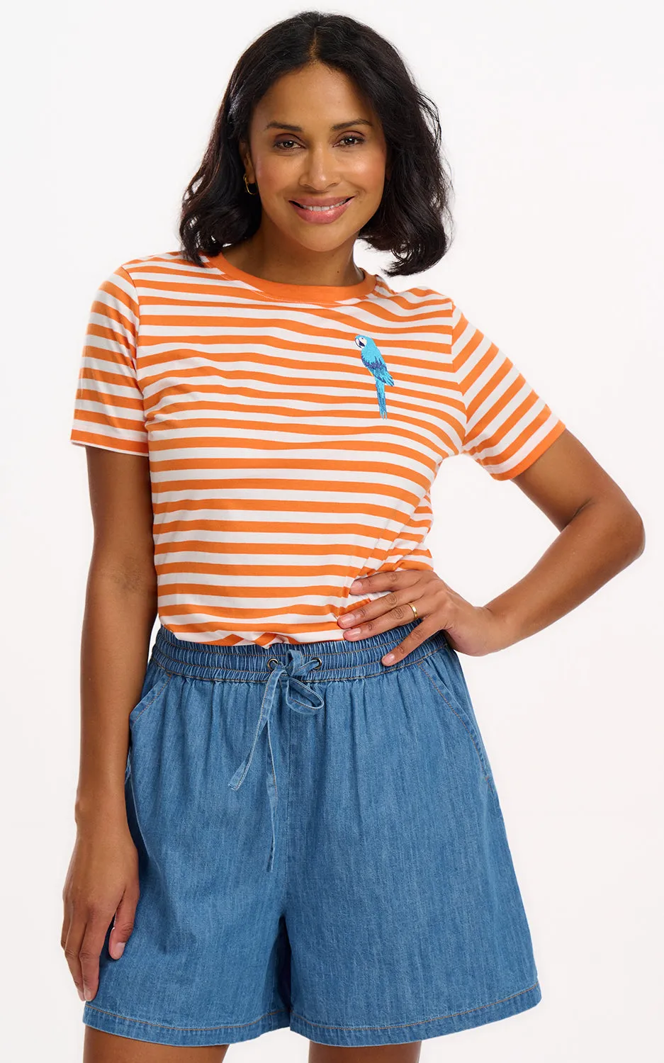 Maggie T-shirt Off-White Orange Stripy Parrot