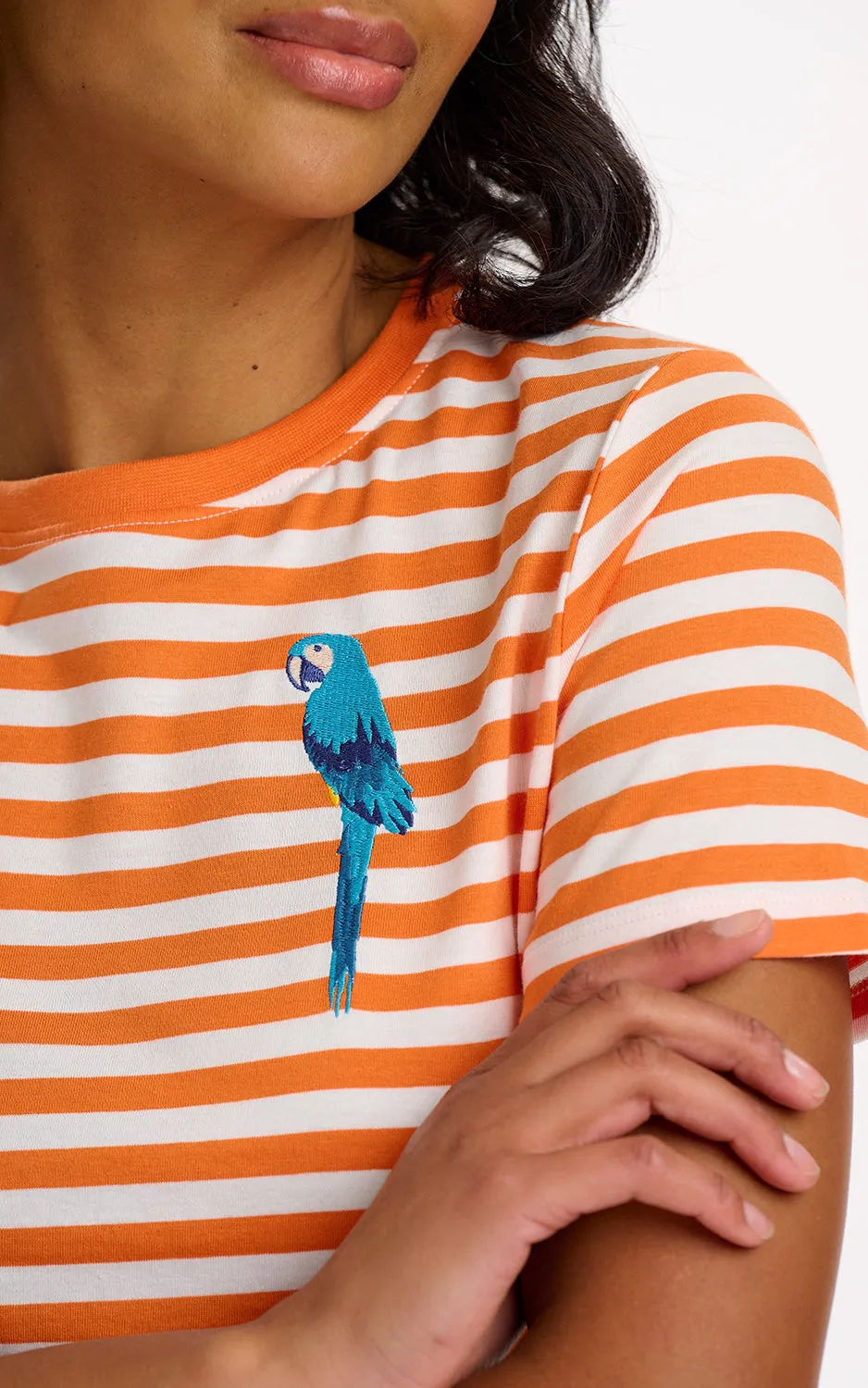 Maggie T-shirt Off-White Orange Stripy Parrot