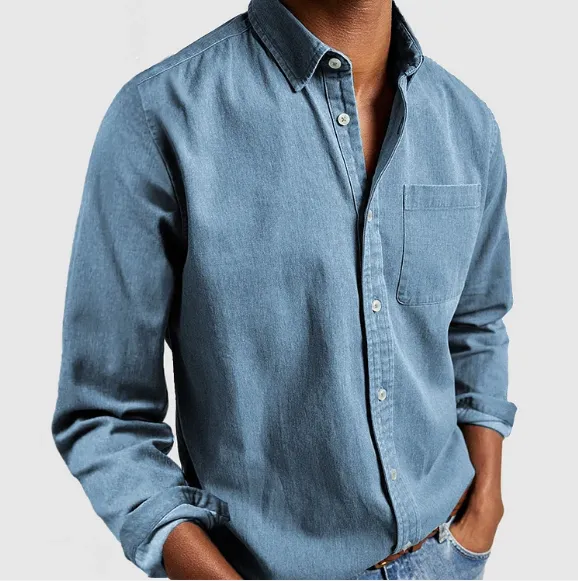 Marlver | Mens Denim Shirt Long Sleeve in Black, Grey or Indigo Casual Smart Cotton Style