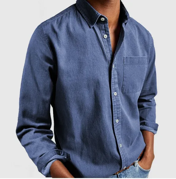 Marlver | Mens Denim Shirt Long Sleeve in Black, Grey or Indigo Casual Smart Cotton Style