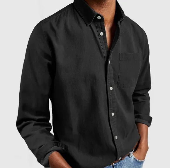 Marlver | Mens Denim Shirt Long Sleeve in Black, Grey or Indigo Casual Smart Cotton Style
