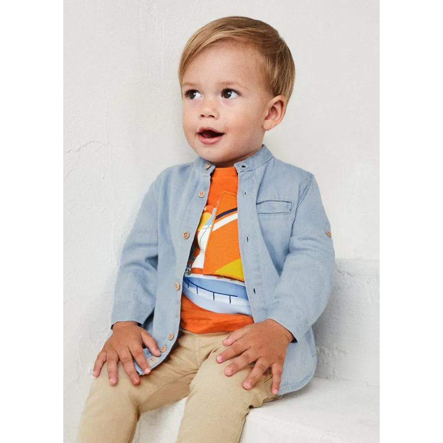 Mayoral Baby Boy Mandarin Collar Denim Shirt - Bleach