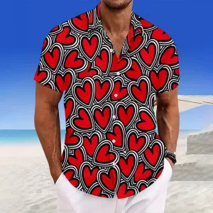 Men's Cute Heart Pattern Short Sleeve Shirt