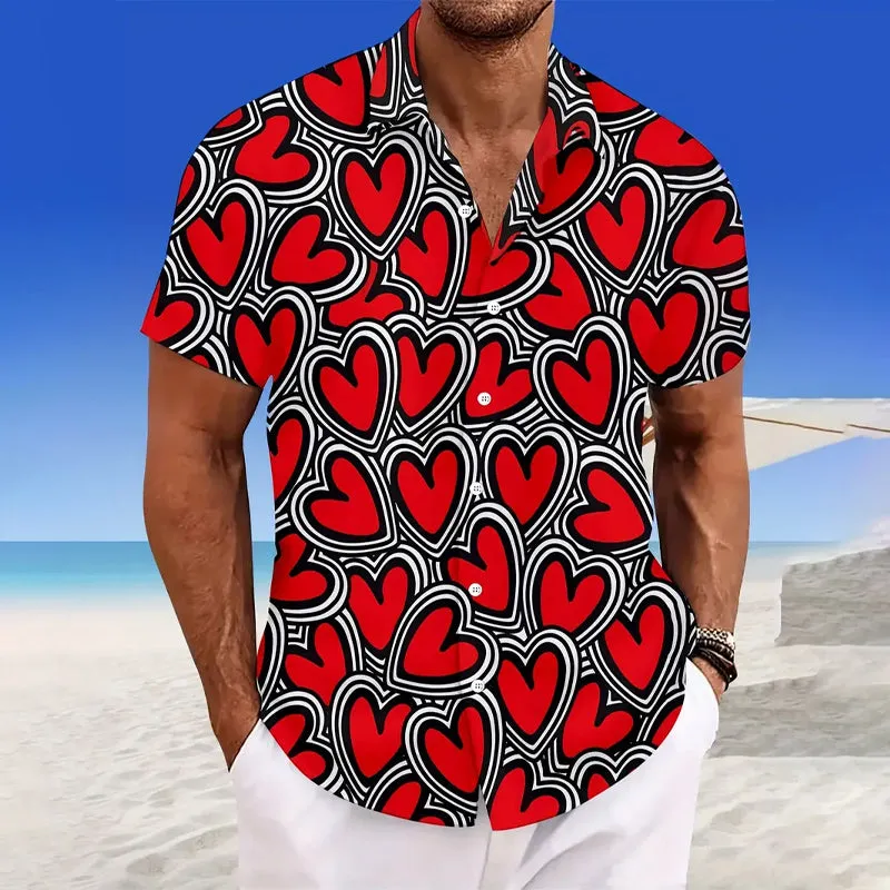Men's Cute Heart Pattern Short Sleeve Shirt