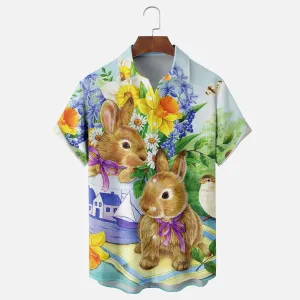 Men's Easter Cute Animal Bunny Flower Print Short Sleeve Shirt