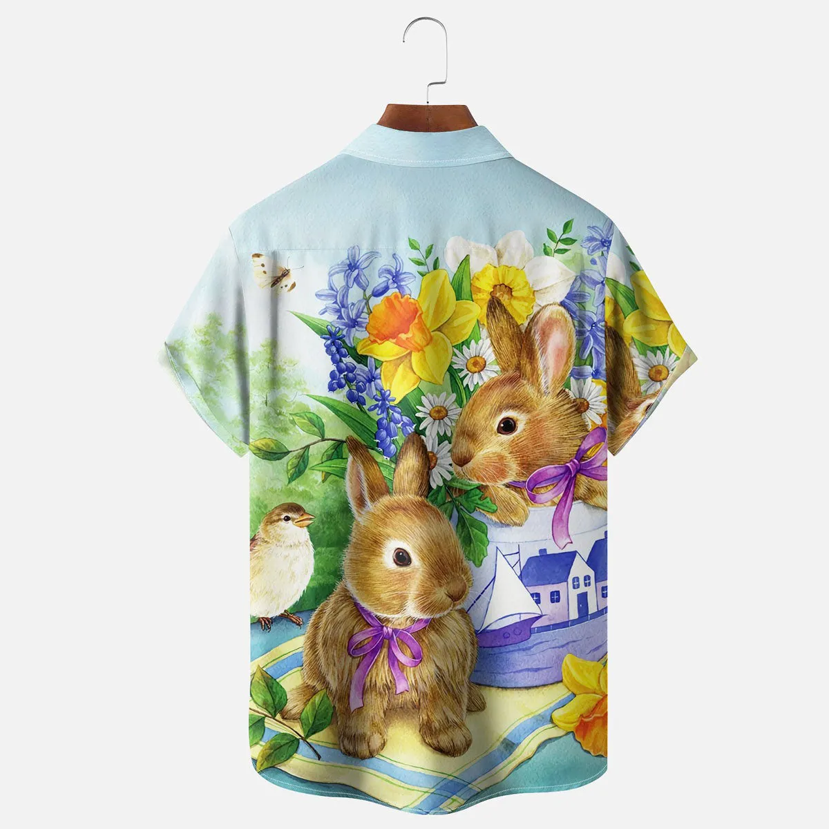 Men's Easter Cute Animal Bunny Flower Print Short Sleeve Shirt