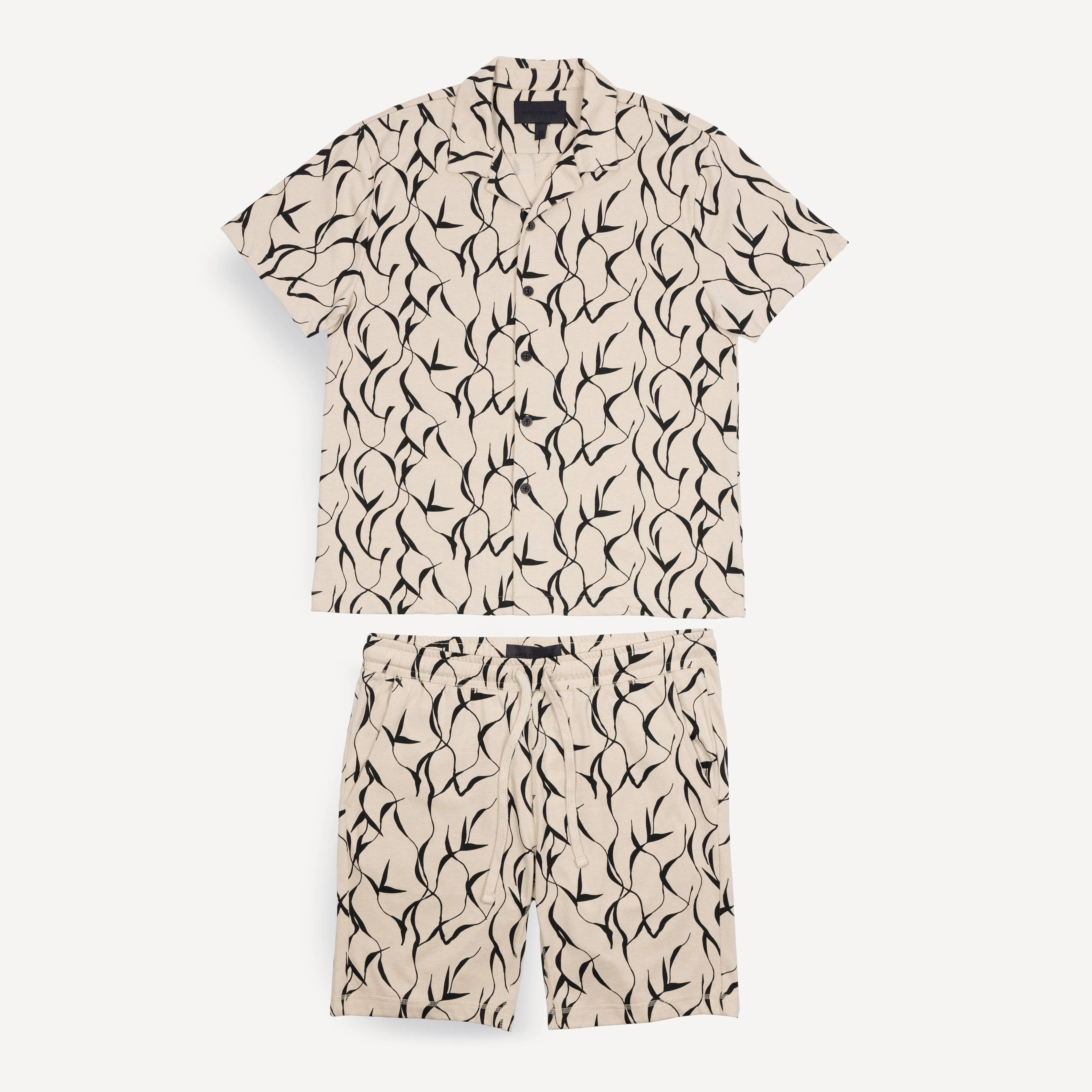 Mens Knit Camp Shirt and Short Set - Oatmeal / Stem