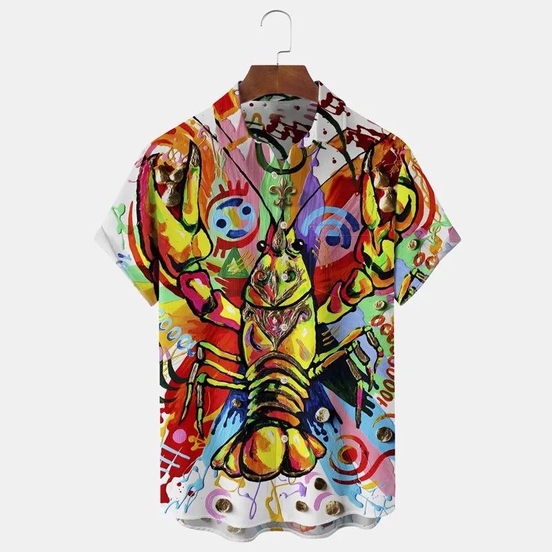 Men's Mardi Gras Lobster Cartoon Print Stretch Shirt