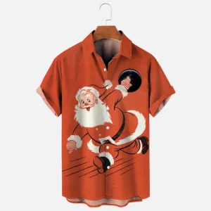 Men's Vintage Santa Bowling Print Holiday Short Sleeve Shirt