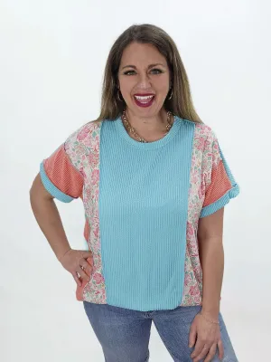 MINT RAISED RIBBED FLORAL/CORAL COLORBLOCK KNIT TOP