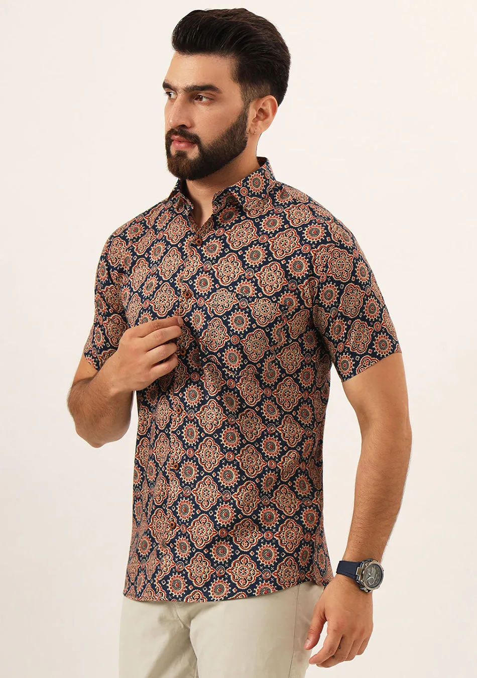 MultiColor Geometric Pure Cotton Regular Fit Casual Mem's Shirt