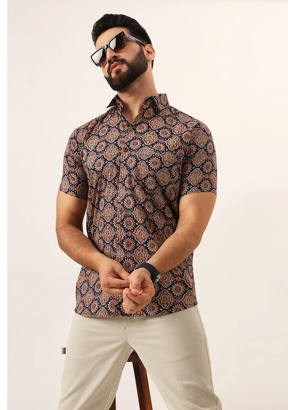 MultiColor Geometric Pure Cotton Regular Fit Casual Mem's Shirt