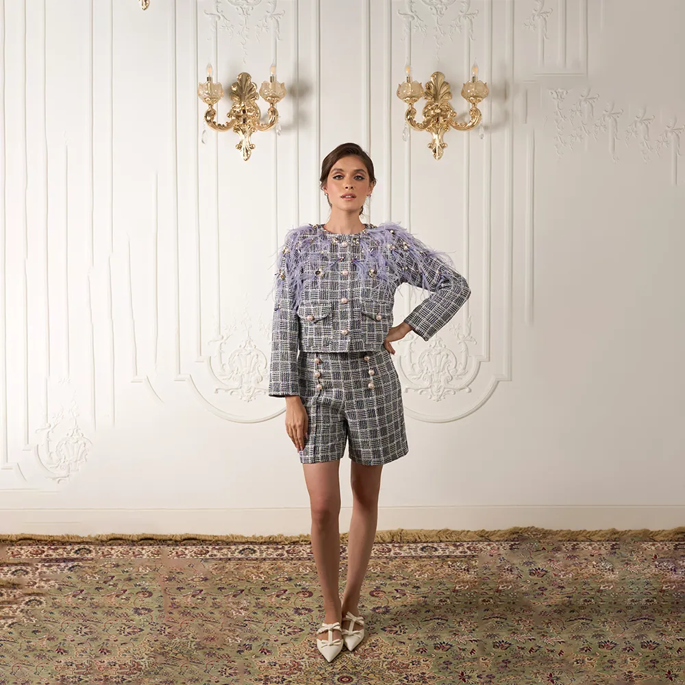 Multicolor Tweed Shorts With Pearl Buttons