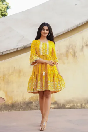 Mustard Ethnic Motif Printed Viscose Short Dress With Doris & Tassels