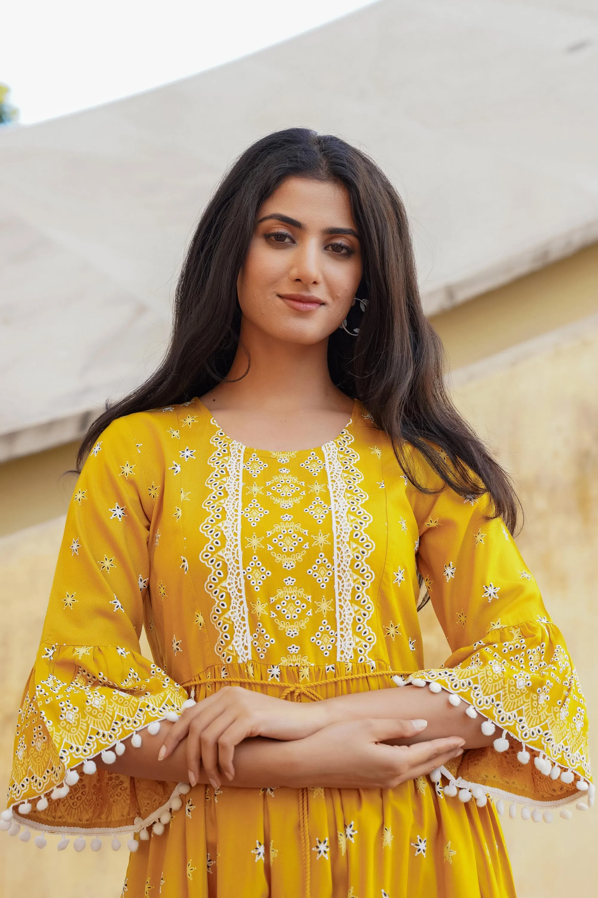 Mustard Ethnic Motif Printed Viscose Short Dress With Doris & Tassels