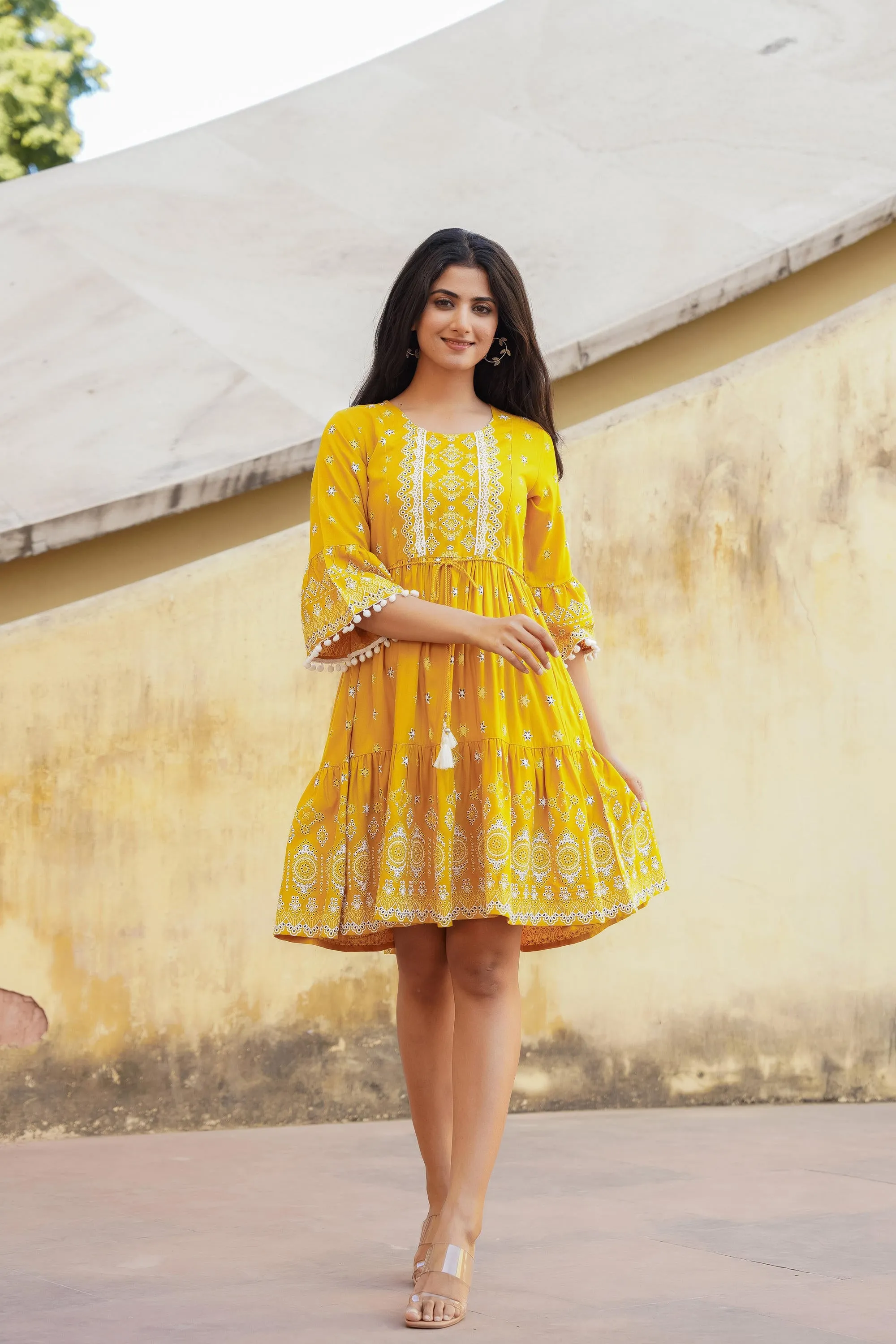 Mustard Ethnic Motif Printed Viscose Short Dress With Doris & Tassels