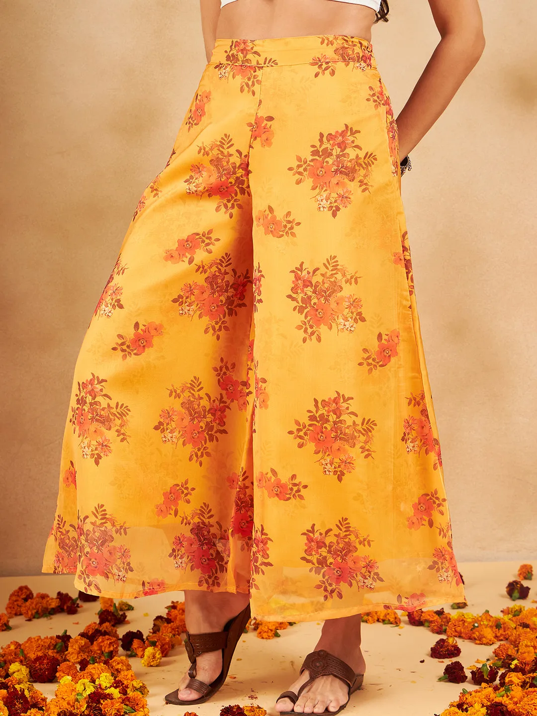Mustard Rose Printed Organza Palazzo