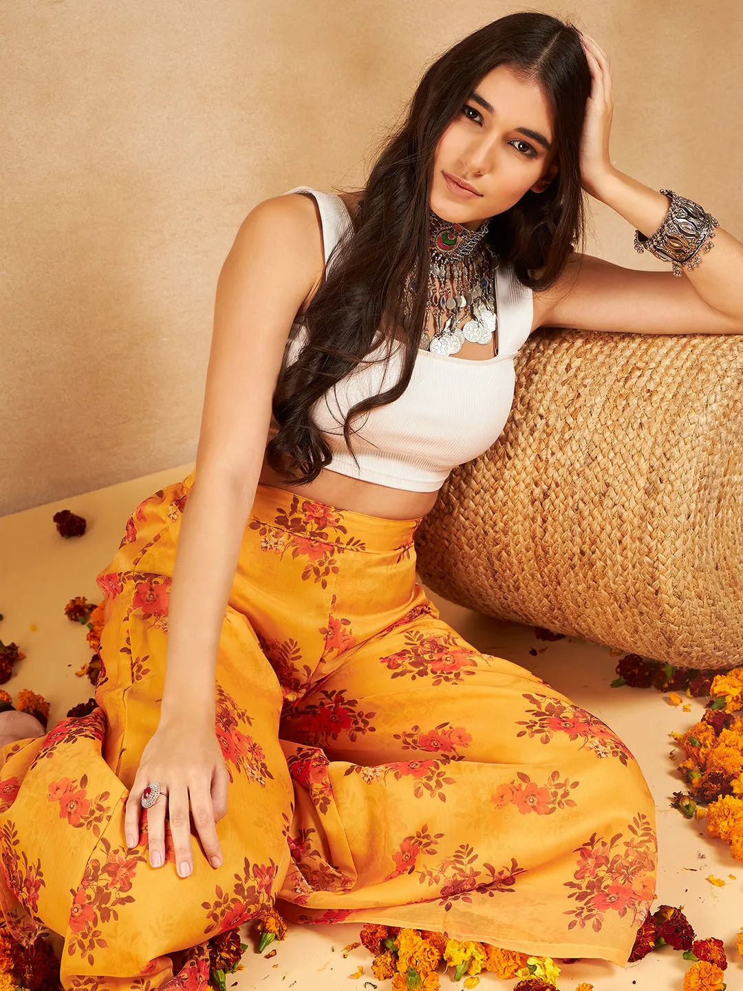 Mustard Rose Printed Organza Palazzo