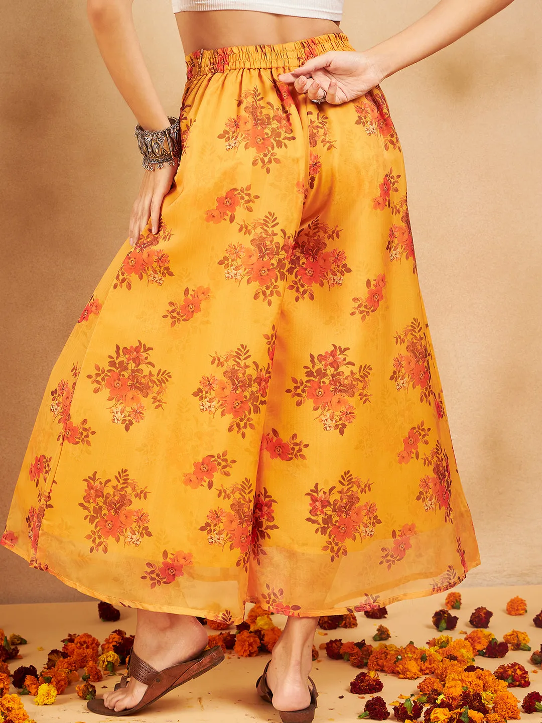 Mustard Rose Printed Organza Palazzo
